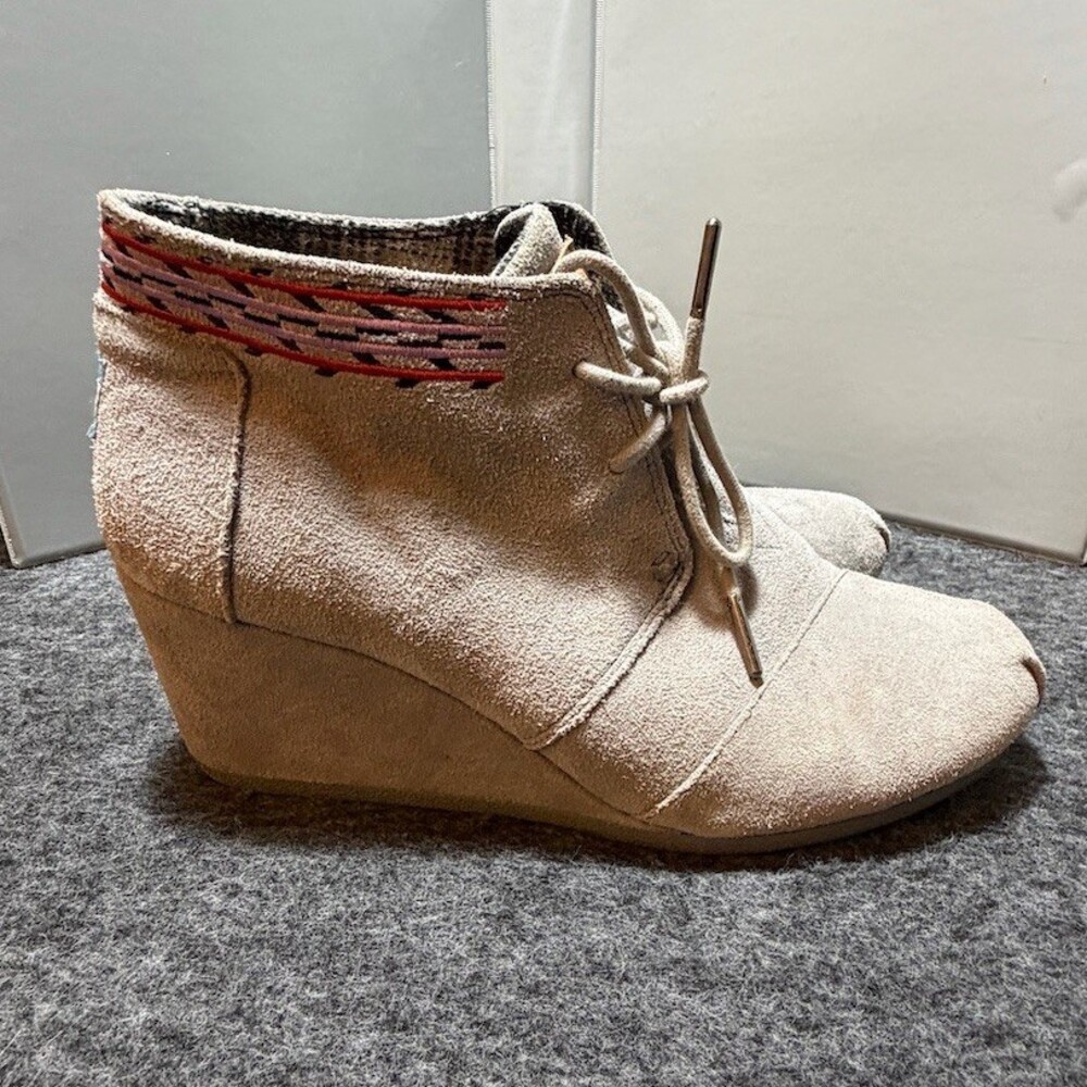TOMS Womens Gray Suede Lace-Up Wedge Ankle Booties Aztec Trim